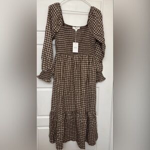 Lucky Brand Dress Smocked Cottage Prairie Boho Sz Small  NEW Brown